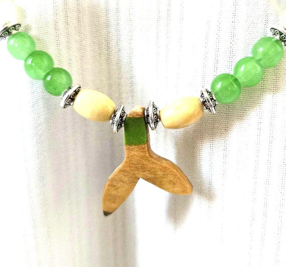 Handmade Spalted Maple & Green Resin Whale Tail Necklace – Coastal Pendant – Beachwood Dreams Collection