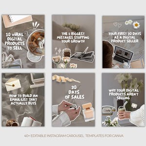 May include: A collection of six Instagram carousel templates with text overlays. The templates cover topics like selling digital products, building email lists, and increasing sales. The phrase "40+ EDITABLE INSTAGRAM CAROUSEL TEMPLATES FOR CANVA" is at the bottom.