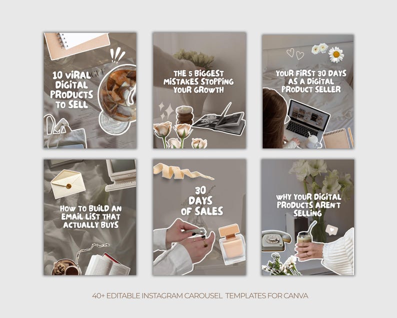 May include: A collection of six Instagram carousel templates with text overlays. The templates cover topics like selling digital products, building email lists, and increasing sales. The phrase "40+ EDITABLE INSTAGRAM CAROUSEL TEMPLATES FOR CANVA" is at the bottom.
