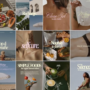 Könnte beinhalten: Eine Collage von Bildern mit Texten zu Wellness und Selbstpflege. Die Bilder enthalten Texte wie "Recharge", "Clean Girl", "Wellness rituals", "Stop & Breathe", "Selfcare", "Nourish to flourish", "Healing", "Simple Foods" und "Silence".