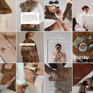 May include: A collection of lifestyle images with text overlays. The images feature a tote bag, a coffee cup, a person in a white outfit, and a croissant. Text includes "SHOW UP", "Lead Yourself", and "Quiet Influence".