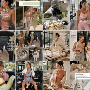 Op de afbeelding: Een collage van afbeeldingen met vrouwen in sportkleding, met tekstoverlays zoals "FREE guide" en "Nutrition". De afbeeldingen tonen trainingsroutines, gezonde voeding en lifestyle-elementen. Het kleurenpalet omvat zachte roze tinten, crèmes en neutrale tonen, die een fitness- en wellness-thema bevorderen.