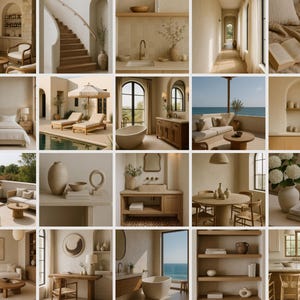 Pacote com 80 fotos de design de interiores moderno e orgânico | Imagens de decoração estética para estilo de vida e imóveis para branding e mídias sociais