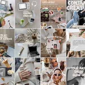 K&ouml;nnte beinhalten: Eine Collage von Bildern mit Text zum Thema Content-Erstellung und Lifestyle. Die Bilder zeigen einen Laptop, ein Ringlicht, ein Telefon, ein Getr&auml;nk, einen Kalender und eine Person, die auf einem Stuhl sitzt. Der Text enth&auml;lt S&auml;tze wie "Der Content Creator" und "Life Lately".