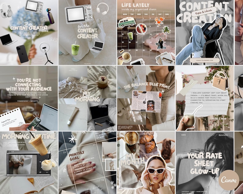 K&ouml;nnte beinhalten: Eine Collage von Bildern mit Text zum Thema Content-Erstellung und Lifestyle. Die Bilder zeigen einen Laptop, ein Ringlicht, ein Telefon, ein Getr&auml;nk, einen Kalender und eine Person, die auf einem Stuhl sitzt. Der Text enth&auml;lt S&auml;tze wie "Der Content Creator" und "Life Lately".