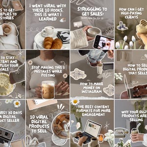 May include: A collage of social media marketing tips with text like "3 Ways to Get More Replies to Your Stories" and "How to Sell Digital Products That Sells". The image features coffee, croissants, and laptops.