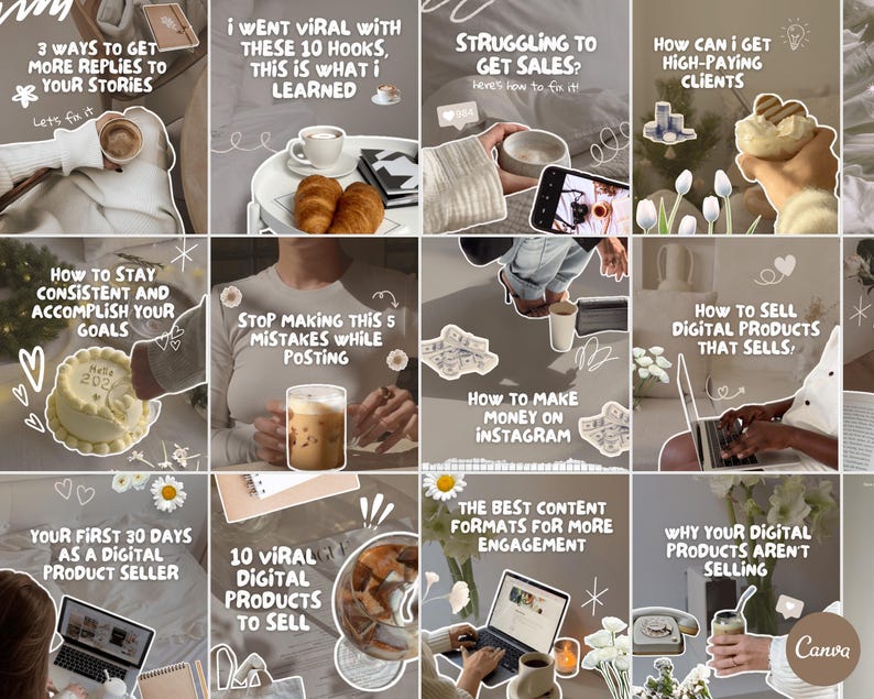 May include: A collage of social media marketing tips with text like "3 Ways to Get More Replies to Your Stories" and "How to Sell Digital Products That Sells". The image features coffee, croissants, and laptops.