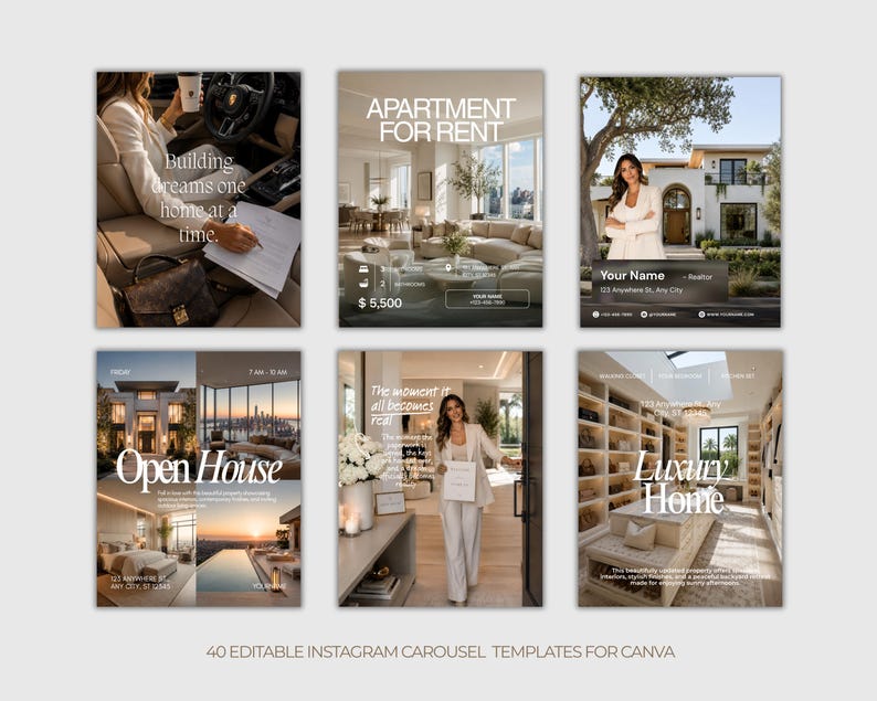 May include: Six Instagram carousel templates with a real estate theme. The templates showcase images of luxury homes, apartments, and open houses. Text includes "Apartment for Rent", "Open House", and "Luxury Home". The bottom of the image reads "40 EDITABLE INSTAGRAM CAROUSEL TEMPLATES FOR CANVA."