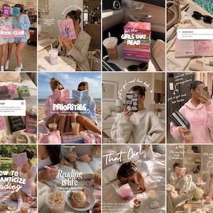 May include: A collage of images featuring books, coffee, and various lifestyle scenes. Text includes "The Girls Book Club", "Priorities", "For the Girls That Read", and "How to Romanticize Reading". The images have a soft, aesthetic vibe.