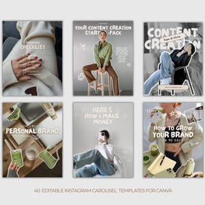 K&ouml;nnte beinhalten: Sechs Instagram-Karussellvorlagen mit Text&uuml;berlagerungen. Die Vorlagen zeigen Bilder von Personen und Objekten, die sich auf Branding, Content-Erstellung und pers&ouml;nliche Markenentwicklung beziehen. Text enth&auml;lt "Branding Checklist" und "How to Grow Your Brand in 90 Days".