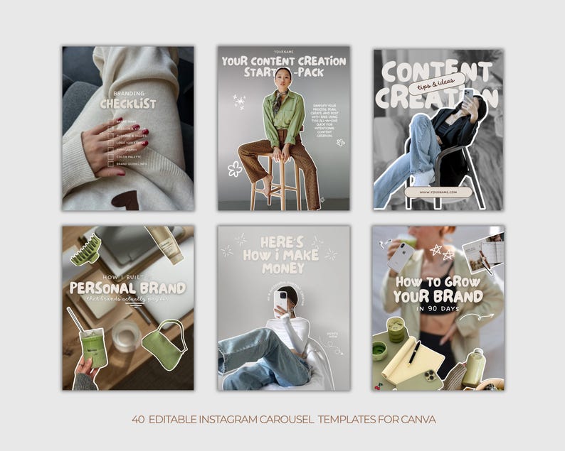 K&ouml;nnte beinhalten: Sechs Instagram-Karussellvorlagen mit Text&uuml;berlagerungen. Die Vorlagen zeigen Bilder von Personen und Objekten, die sich auf Branding, Content-Erstellung und pers&ouml;nliche Markenentwicklung beziehen. Text enth&auml;lt "Branding Checklist" und "How to Grow Your Brand in 90 Days".