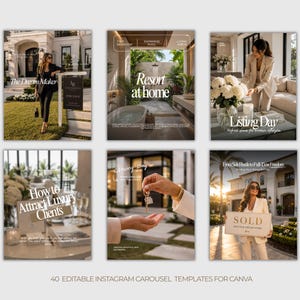 May include: Six Instagram carousel templates with a luxury real estate theme. Each template features images of upscale homes, text overlays like "The Dream Maker" and "Sold," and lifestyle imagery. The templates are designed for Canva.