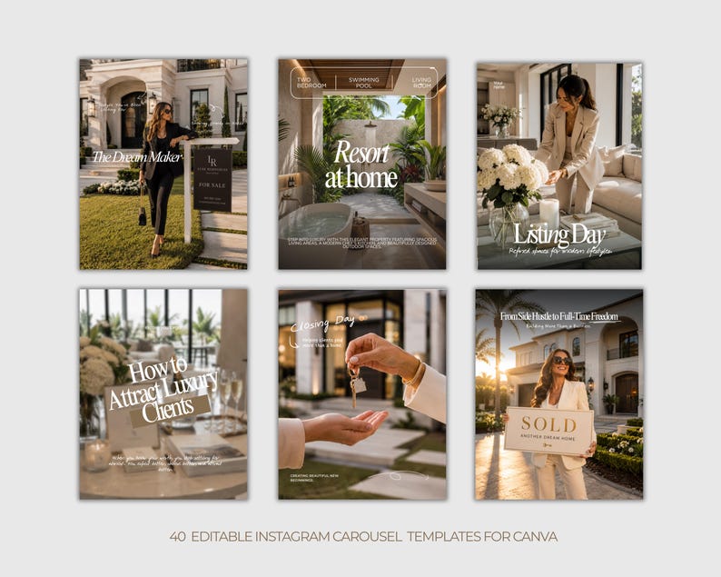 May include: Six Instagram carousel templates with a luxury real estate theme. Each template features images of upscale homes, text overlays like "The Dream Maker" and "Sold," and lifestyle imagery. The templates are designed for Canva.