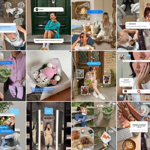 Puede incluir: Un collage de imágenes de estilo de vida con comida, bebidas, flores y personas. Burbujas de texto superponen las imágenes con frases como "El día perfecto no existe..." y "He recibido una idea". Las imágenes tienen un ambiente suave y estético.