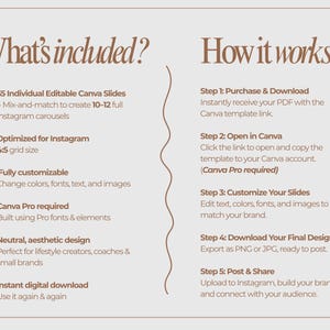 May include: A beige digital download graphic with the text "What's included?" and "How it works." The graphic details 35 editable Canva slides for Instagram carousels, optimized for a 4:5 grid size. Instructions are provided for purchase, customization, and posting.