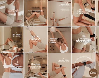Plantillas de Instagram para Pilates, paquete de Canva para redes sociales de bienestar