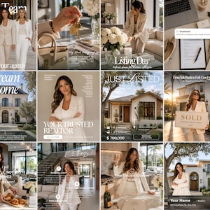 May include: A collection of images promoting real estate services. The images feature women in business attire, luxury homes, and text overlays such as "Dream Home", "Just Listed", and "Sold". The overall aesthetic is modern and professional, with a focus on lifestyle and property.