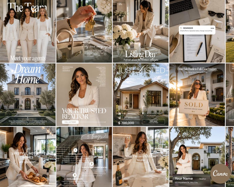 May include: A series of images advertising real estate services. The images showcase women in business suits, luxury properties, and text overlays including "Dream Home", "Just Listed", and "Sold". The overall style is contemporary and professional, with an emphasis on lifestyle and property.