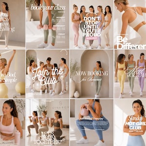 May include: A collection of twelve fitness-themed social media templates featuring individuals in athletic wear, including sports bras and leggings, performing exercises with dumbbells and kettlebells, with overlaid text promoting gym classes and training.