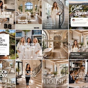 Peut inclure: Une collection de modèles de marketing numérique pour les professionnels de l'immobilier présentant diverses mises en page avec des photos d'intérieurs, des textes comme Expert Real Estate Solutions, Just Listed et Book Now, et des espaces pour photos.