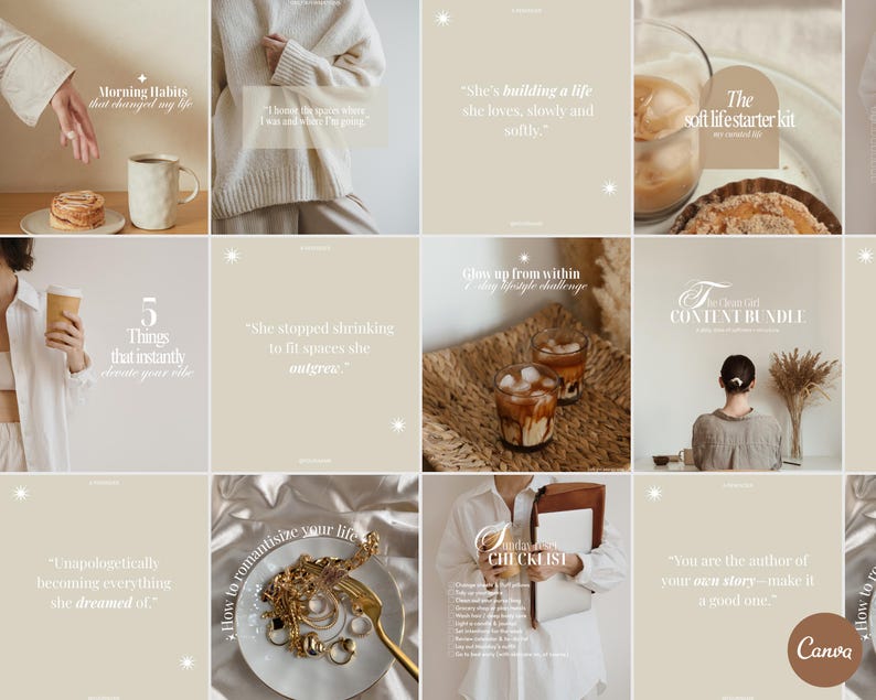 May include: A collage of images with a neutral color palette, featuring text overlays with inspirational quotes and phrases. The images include coffee, food, and lifestyle elements, with text such as "Morning Habits," "5 Things," and "The soft life starter kit."