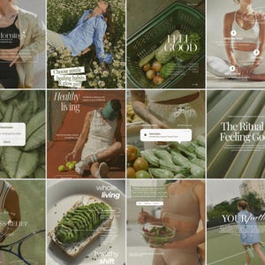 Peut inclure: Un collage d'images sur le thème du bien-être. Les images incluent du texte tel que "Mindful Mornings", "Healthy Living" et "The Ritual of Feeling Good". D'autres images montrent de la nourriture, de l'exercice et des choix de style de vie.