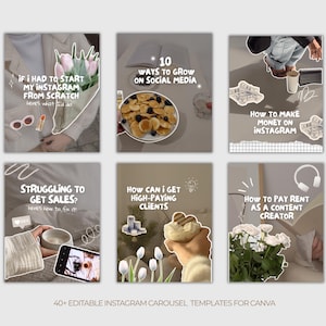 May include: A collection of six Instagram carousel templates with text overlays. The templates feature various themes, including social media growth, making money, and content creation. The phrase "40+ Editable Instagram Carousel Templates for Canva" is at the bottom.
