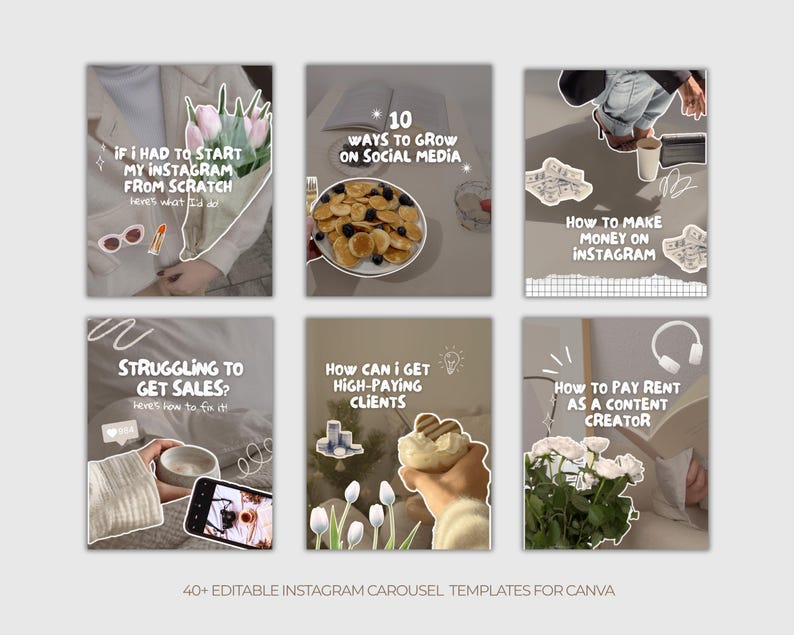 May include: A collection of six Instagram carousel templates with text overlays. The templates feature various themes, including social media growth, making money, and content creation. The phrase "40+ Editable Instagram Carousel Templates for Canva" is at the bottom.