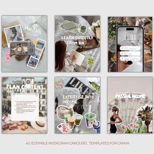 K&ouml;nnte beinhalten: Sechs Instagram-Karussellvorlagen mit einer neutralen Farbpalette. Jede Vorlage zeigt ein anderes Thema, darunter "Monthly Recap" und "Passive Income". Der Text "40 Editable Instagram Carousel Templates For Canva" befindet sich unten.