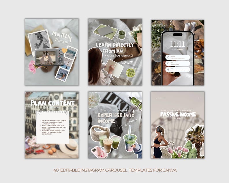 K&ouml;nnte beinhalten: Sechs Instagram-Karussellvorlagen mit einer neutralen Farbpalette. Jede Vorlage zeigt ein anderes Thema, darunter "Monthly Recap" und "Passive Income". Der Text "40 Editable Instagram Carousel Templates For Canva" befindet sich unten.