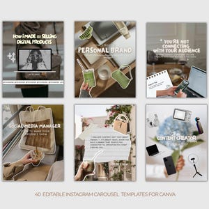 K&ouml;nnte beinhalten: Sechs Instagram-Karussellvorlagen mit Text&uuml;berlagerungen. Die Vorlagen behandeln Themen wie den Verkauf digitaler Produkte und den Aufbau einer pers&ouml;nlichen Marke. Der Text am unteren Rand des Bildes lautet: "40 BEARBEITBARE INSTAGRAM-KARUSSELLVORLAGEN F&Uuml;R CANVA."