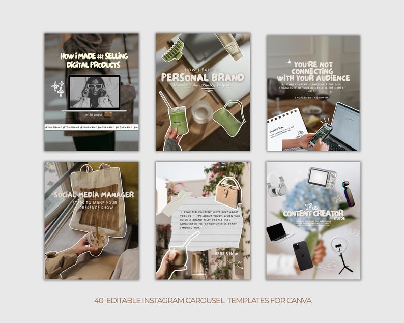 K&ouml;nnte beinhalten: Sechs Instagram-Karussellvorlagen mit Text&uuml;berlagerungen. Die Vorlagen behandeln Themen wie den Verkauf digitaler Produkte und den Aufbau einer pers&ouml;nlichen Marke. Der Text am unteren Rand des Bildes lautet: "40 BEARBEITBARE INSTAGRAM-KARUSSELLVORLAGEN F&Uuml;R CANVA."