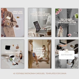 K&ouml;nnte beinhalten: Eine Sammlung von sechs Instagram-Karussellvorlagen mit einer neutralen Farbpalette. Jede Vorlage enth&auml;lt Text&uuml;berlagerungen mit S&auml;tzen wie "Things That Make Sense" und "Content Strategy Tips for Success". Der untere Teil des Bildes lautet "40 Editable Instagram Carousel Templates for Canva."