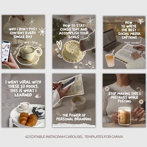 May include: A collection of six Instagram carousel templates with text overlays. The templates cover topics like social media captions, goal setting, and personal branding. Each template features a different aesthetic, including coffee, books, and pastries.