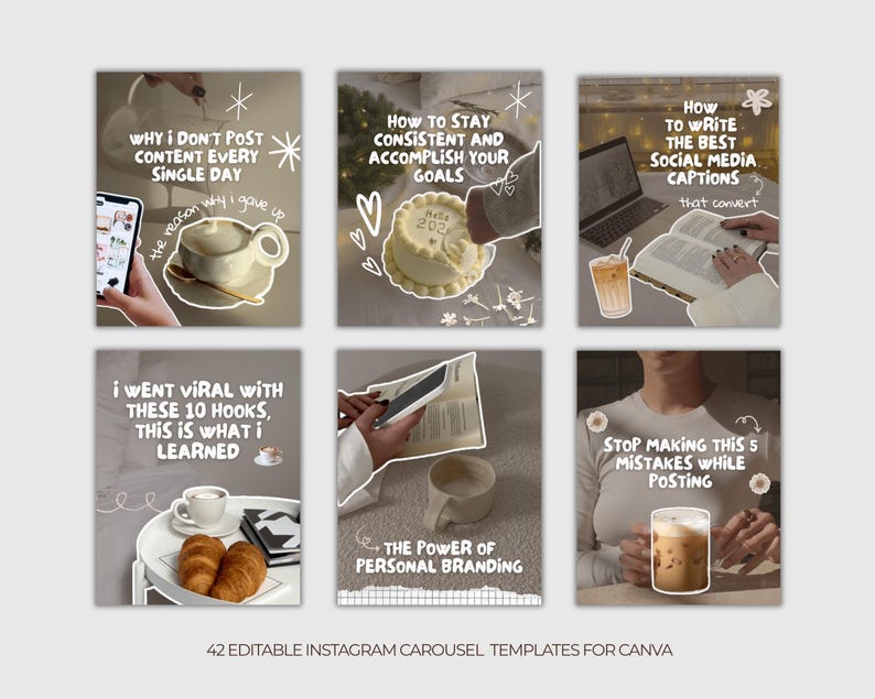 May include: A collection of six Instagram carousel templates with text overlays. The templates cover topics like social media captions, goal setting, and personal branding. Each template features a different aesthetic, including coffee, books, and pastries.