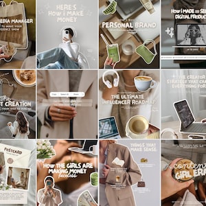 Puede incluir: Un collage de imágenes con texto relacionado con la gestión de redes sociales, la marca personal y la venta de productos digitales. Las imágenes incluyen computadoras portátiles, tazas de café y notas manuscritas, con la palabra "Canva".