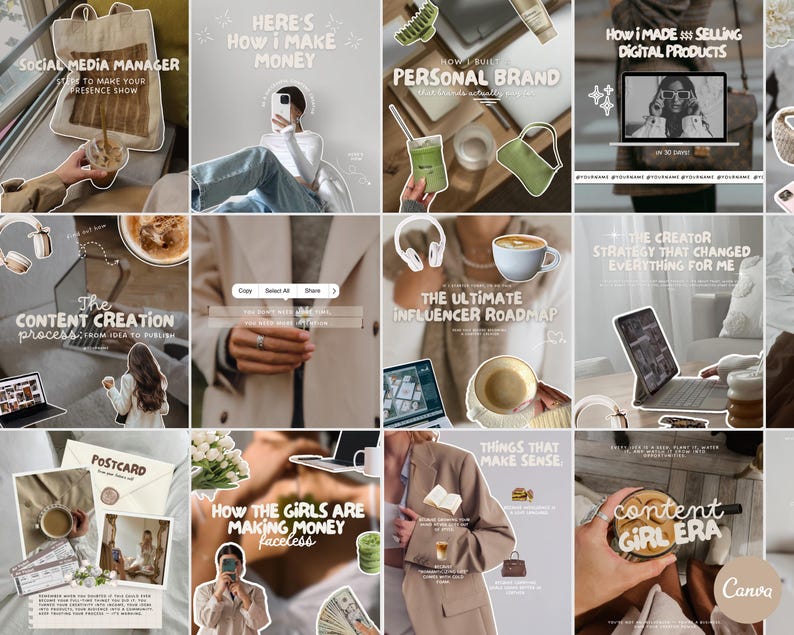 K&ouml;nnte beinhalten: Eine Collage von Bildern mit Text zu Social-Media-Management, pers&ouml;nlicher Markenbildung und dem Verkauf digitaler Produkte. Die Bilder zeigen Laptops, Kaffeetassen und handschriftliche Notizen, mit dem Wort "Canva" in der Ecke.