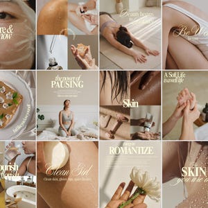 Peut inclure: Un collage d'images sur le thème du bien-être. Les images incluent une personne avec un masque facial, une personne qui s'étire, une assiette de nourriture et du texte qui dit "here & now", "Beauty begins in balance", "Be Well", "the power of PAUSING", "Skin", "Clean Girl", "ROMANTIZE", "A Soft Life is a well life", et "The SKIN you are in".