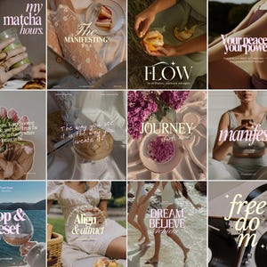 May include: A collage of lifestyle images with text overlays. The images feature drinks, food, flowers, and people. Text includes phrases like "my matcha hours," "The Manifesting Era," "FLOW," "Your peace is your power," "JOURNEY starts now!" and "manifest."