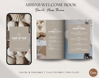 Plantilla de libro de bienvenida para casas de playa en Airbnb, guía de alquileres vacacionales costeros (descarga digital)