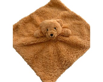 Manta de seguridad con forma de oso de peluche color canela de 30 x 30 cm con sonajero de sherpa acanalado para bebé