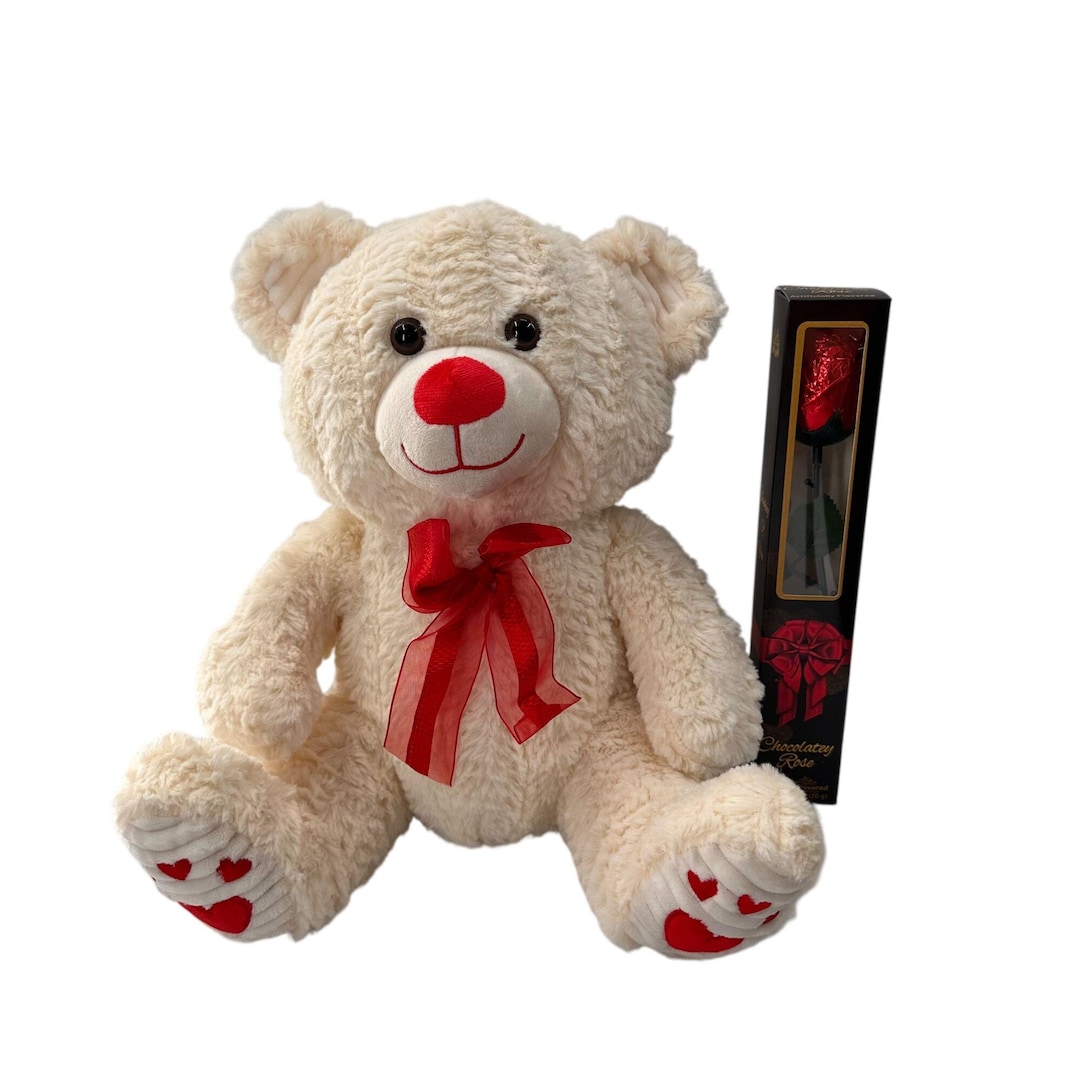 Teddy Bear Plush Red Ribbon & Chocolate Rose Gift Set Valentines Day ...