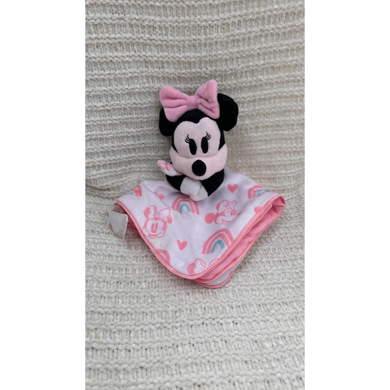 Disney Baby Minnie Mouse Lovey Pink Rainbow Safety Blanket Pluszowy Zwierzątko Serce zdjęcie 9