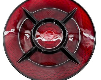 Plato para servir vintage francés de vidrio prensado rojo rubí con bandeja para condimentos dividida, estilo retro, 25 cm