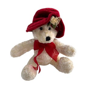 Vintage White Plush Teddy Bear With Red Bow & Velvet Hat 10&quot; MTY Int Fancy