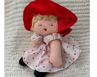 Russ Berrie Miss Kitty Rag Doll Vintage Pluszowa Zabawka Czerwona Sukienka w Groszki 10 Cali