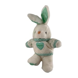 May include: A white plush bunny with light green accents on the ears and feet. The bunny wears a cream-colored sweater with light green trim and a green heart-shaped patch that says "Hug Me".