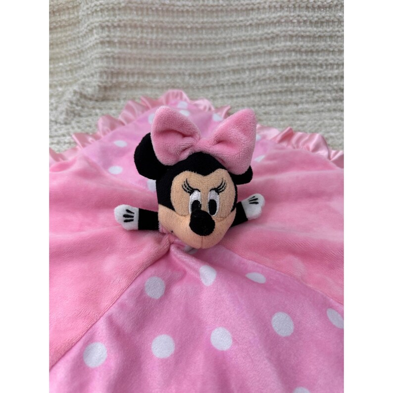 Disney Minnie Mouse Plush Lovey Security Blanket Pink Polka Dot Satin Trim 14in image 9