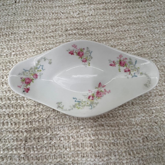 フランス製【ROSE DE LIMOGES】美しい格子レリーフと薔薇プレート2枚 Wm Guerin Limoges France Celery Dish Pink Rose Floral Porcelain