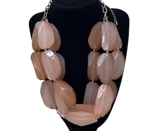 Statement Necklace Chunky Faceted Resin Bead 3 Strand Blush Pink Mauve Bib